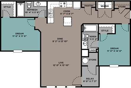Two Bedroom / Two Bath - 1,067 Sq. Ft.*